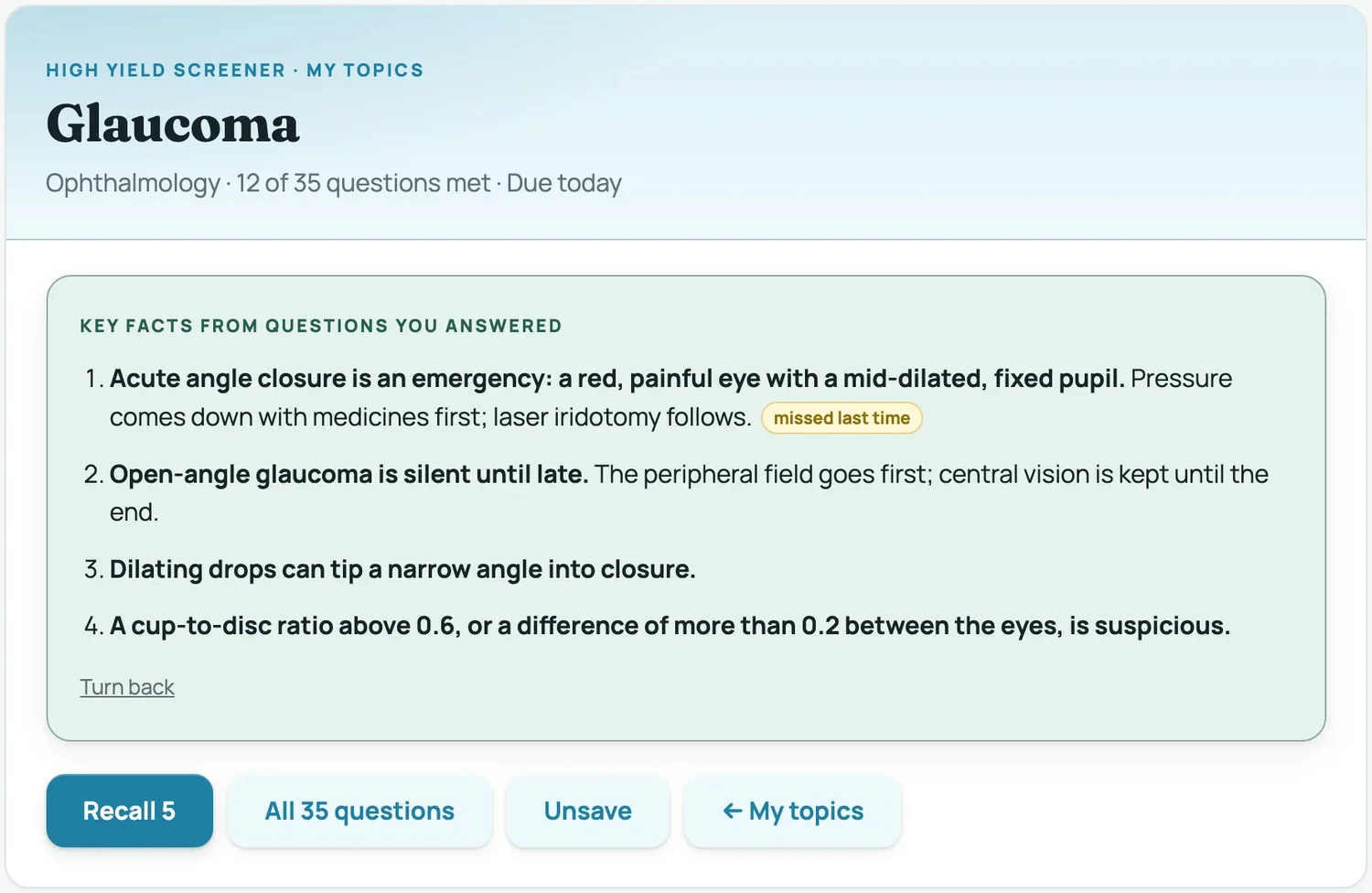 A topic card turned over: key facts from questions you answered, with Recall 5 to test yourself