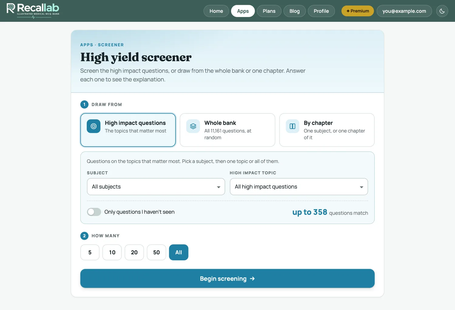 The High yield screener: high impact questions by subject and topic, or the whole bank or one chapter, with a live count of what matches
