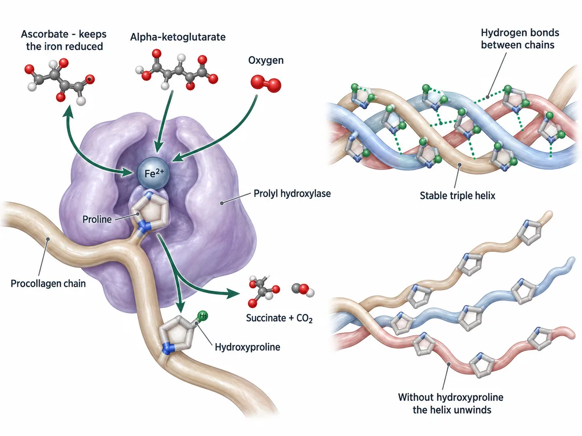 Prolyl hydroxylase acting on proline with ascorbate, alpha-ketoglutarate, oxygen and ferrous iron all converging on one active site, and a bonded triple helix against an unwound one lacking hydroxyproline.