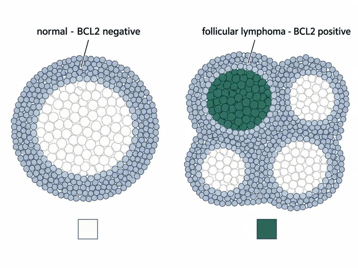 Two lymph node follicles side by side: the normal one has a colourless germinal centre, the follicular lymphoma one has a solid green germinal centre with three further follicles crowded around it