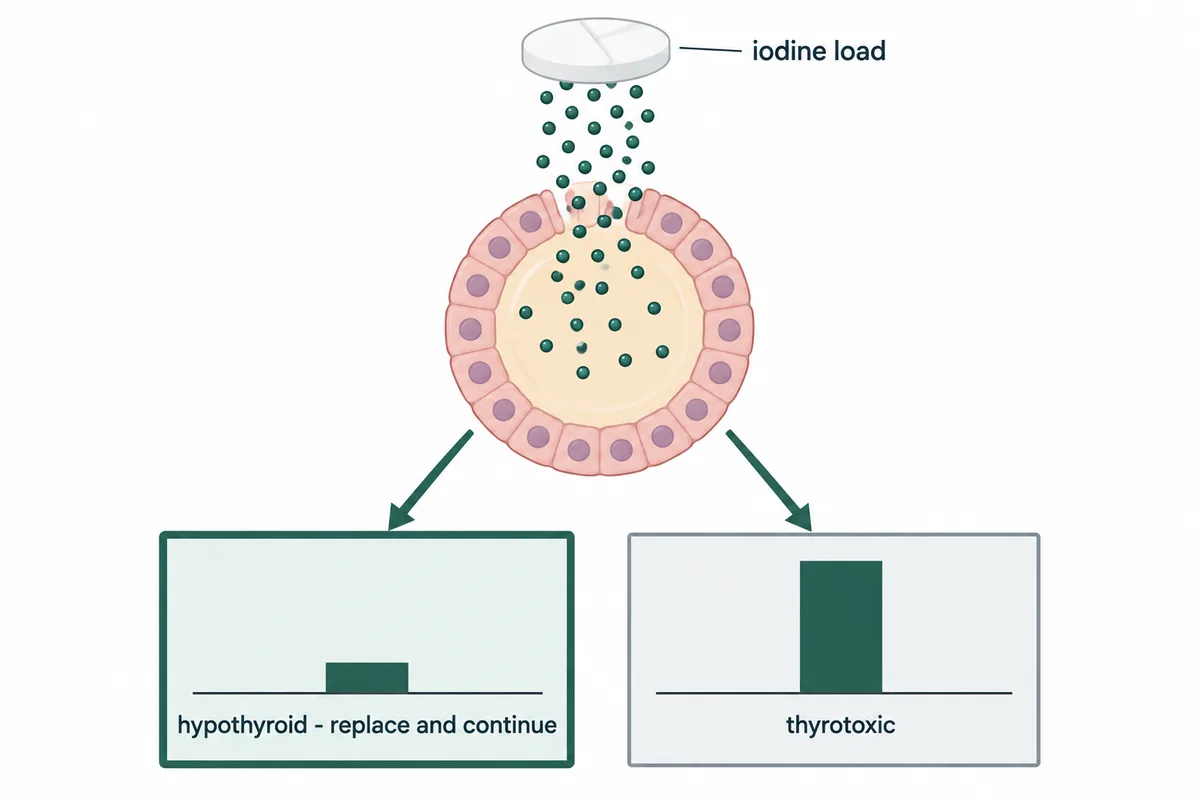 A thyroid follicle receiving a shower of iodine dots from a tablet, with two arrows diverging to outcome boxes whose bars share a baseline: a short bar for hypothyroidism and a tall bar for thyrotoxicosis