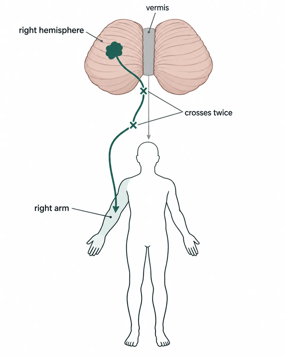 The cerebellum from behind with a lesion in one hemisphere and a narrow grey vermis between, and a pathway marked with two crossings ending in the arm on the same side as the lesion