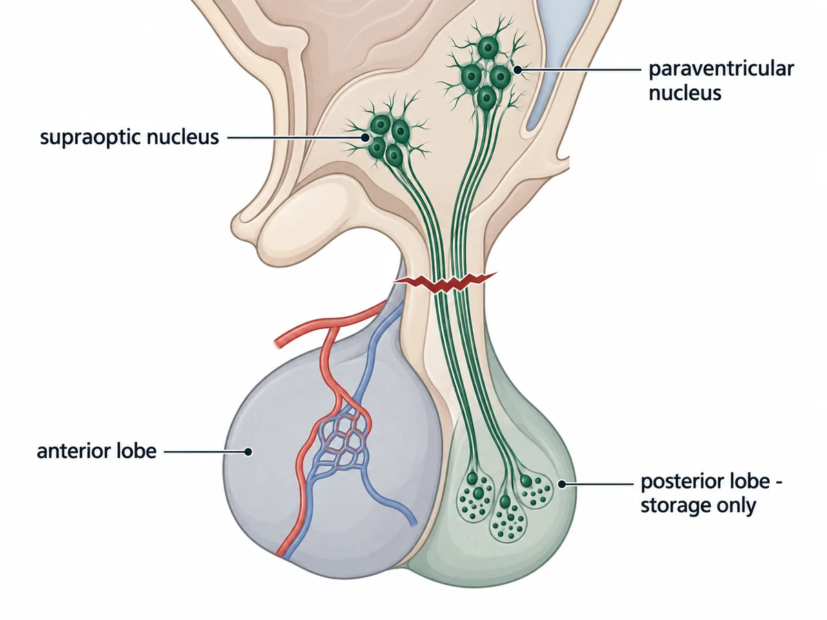 Supraoptic and paraventricular cell bodies sit in the hypothalamus with axons running down a sheared stalk to granule-filled terminals in the posterior lobe, while the anterior lobe has its own separate portal vessels