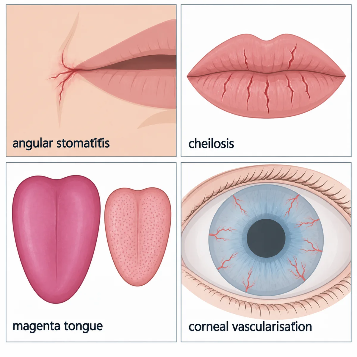 Four panels showing angular stomatitis, cheilosis, a smooth magenta tongue beside a normal papillated one, and fine vessels growing in from the edge of the cornea