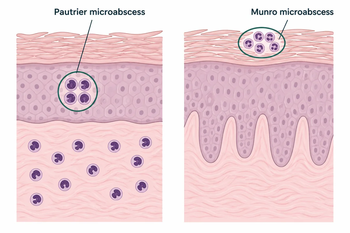 Two skin sections with aligned layers: on the left a ringed cluster of lymphocytes sits inside the epidermis, on the right a ringed cluster sits in the keratin above a thickened epidermis with long rete ridges