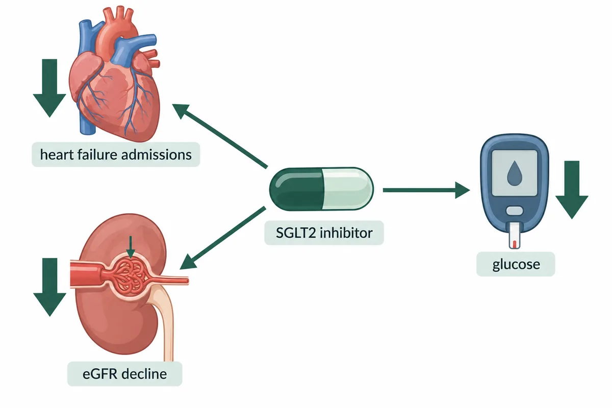 A green capsule with three arrows to a heart, a kidney and a glucose meter, each carrying a downward arrow, and a glomerulus whose entering vessel is wider than the vessel leaving it