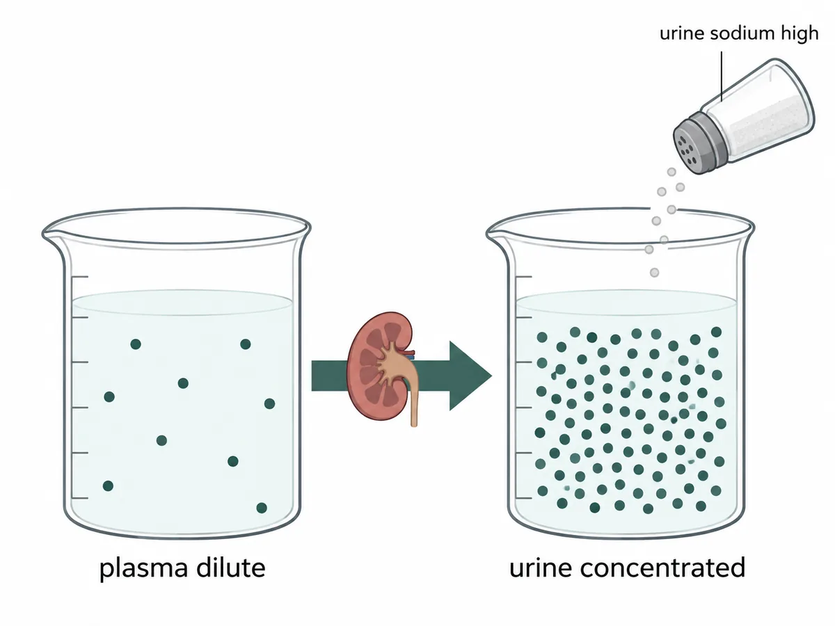 Two beakers filled to the same level: the plasma beaker holds a few scattered dots, the urine beaker is densely packed, with a kidney on the arrow between and a salt shaker pouring into the urine