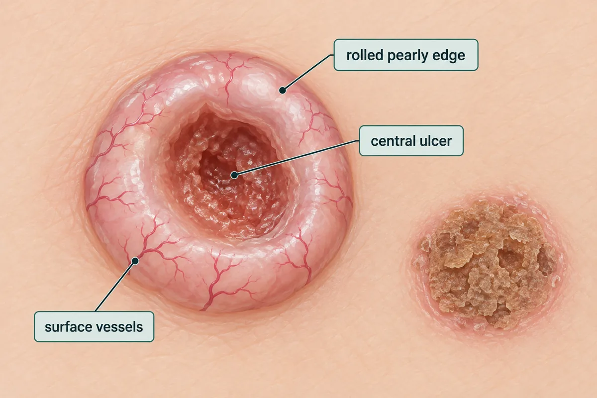 A lesion with an unbroken raised pearly rim around a sunken ulcerated centre, fine branching vessels crossing the rim, beside a smaller flat crusted lesion with an everted edge and no rim