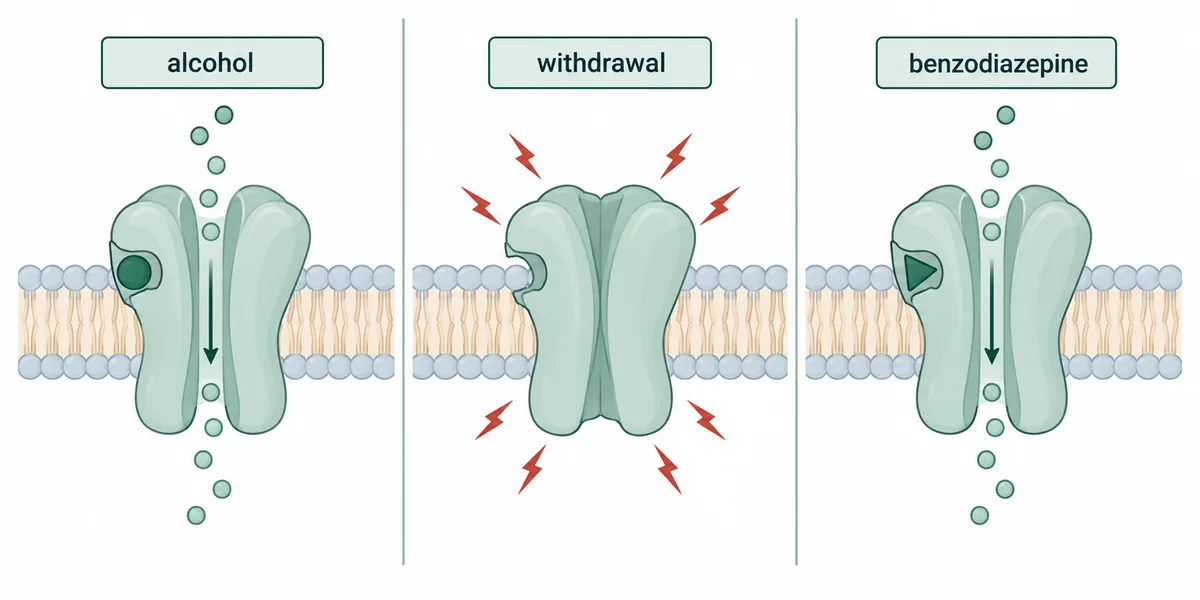 The same membrane receptor drawn three times: pocket filled and channel open with ions flowing, pocket empty and channel shut with sparks around it, then pocket filled by a different shape with the channel open again