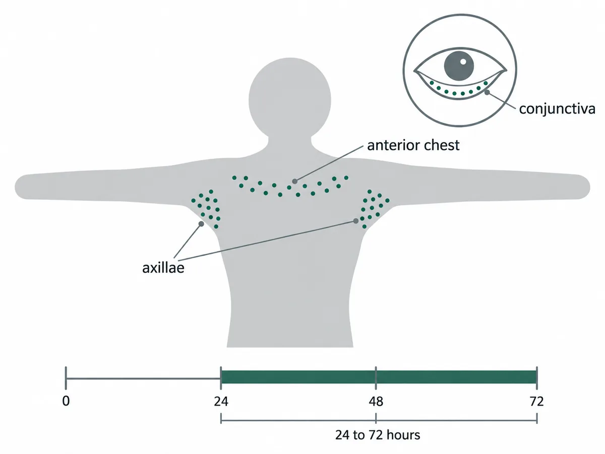 A plain grey pictogram silhouette with the arms held out, fine dots confined to both underarm hollows and a band across the upper chest and none below, an inset of a lower eyelid carrying the same dots, and a time bar with a band running from 24 to 72 hours