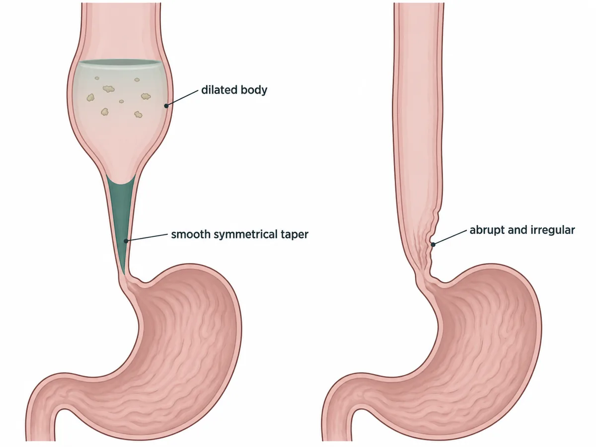 A drawn schematic, not a barium film: a widely dilated oesophageal body with a fluid level and retained food tapering in a long smooth symmetrical point into the stomach, beside a contrasting narrowing that is short, ragged and asymmetrical
