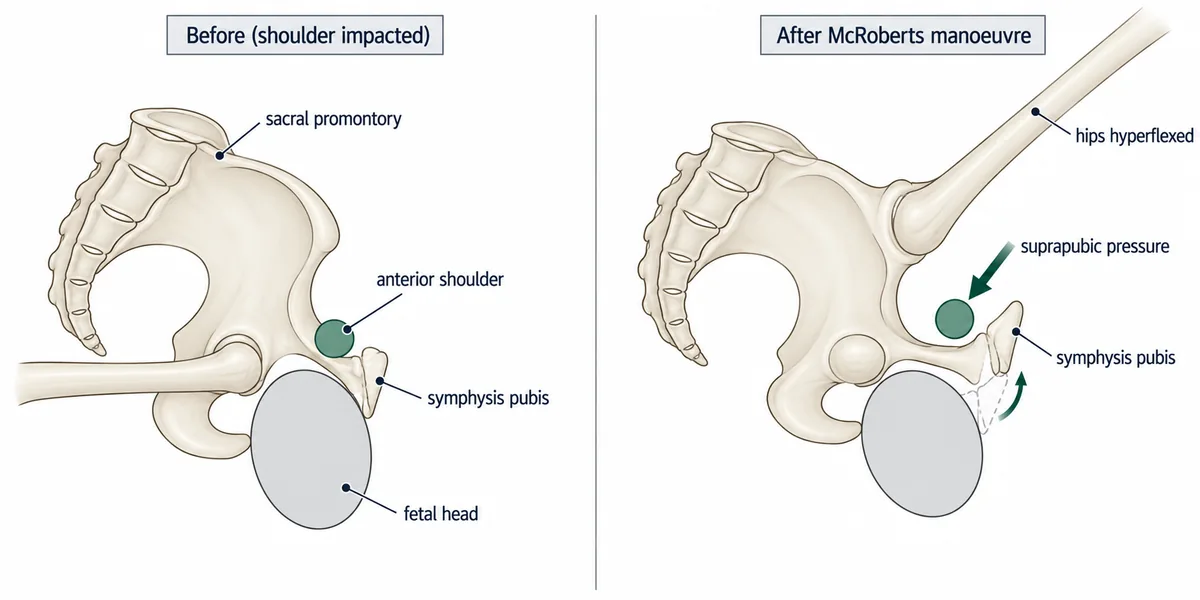 The maternal bony pelvis alone, before and after: with the hips hyperflexed the symphysis has visibly rotated upwards from its previous position, shown as a dotted ghost, so the impacted anterior shoulder is now clear of it, with an arrow pressing down and in above the symphysis