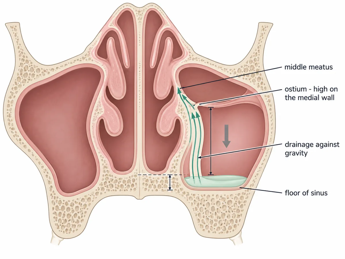 A coronal section through the nose with one maxillary sinus cut away: the ostium opens high on the medial wall into the middle meatus, well above the pooled secretion on the sinus floor, with arrows rising through it against a downward gravity arrow and measured drops marked