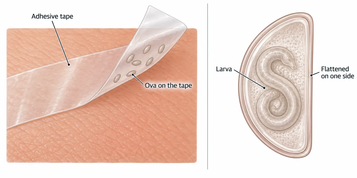 Adhesive tape lifted from the skin surface carrying pinworm ova, with one egg drawn at high magnification showing the asymmetrical D shape flattened on one side.