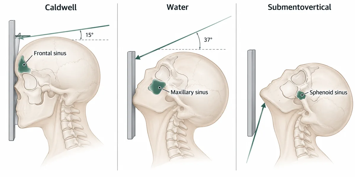 Three radiographic views of the paranasal sinuses drawn as three beam angles through the skull, each with the sinus it demonstrates shaded, so the beam angle and the sinus shown are paired.