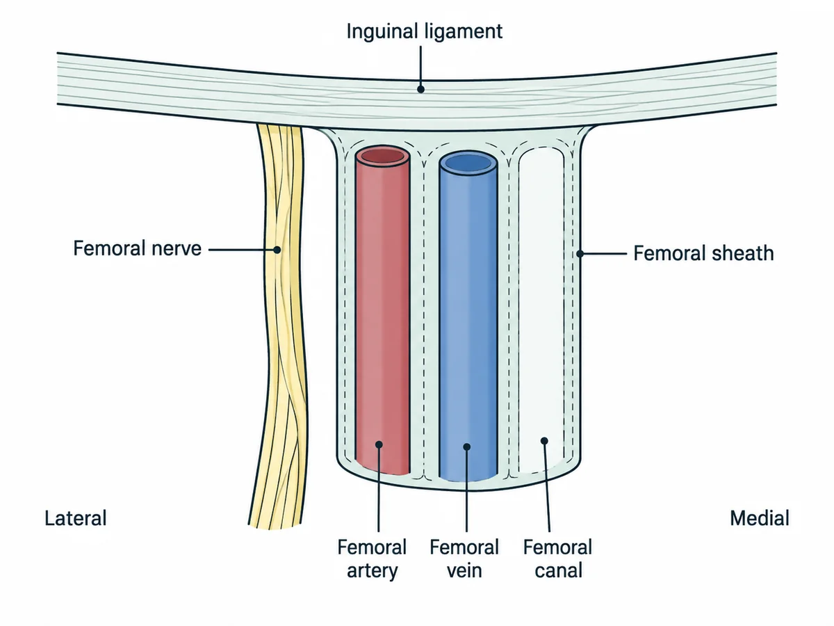Four vertical structures under the inguinal ligament arranged from lateral to medial: femoral nerve, femoral artery, femoral vein and the femoral canal, with the femoral sheath enclosing the last three