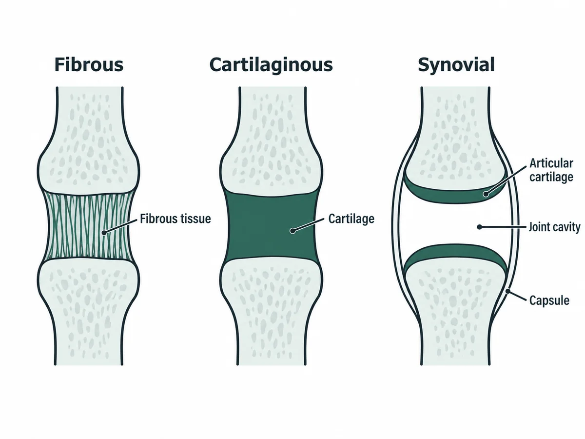 Three side-by-side joint schematics: a fibrous joint with dense tissue between two bones, a cartilaginous joint with cartilage between them, and a synovial joint with a fluid filled cavity, articular cartilage and a capsule