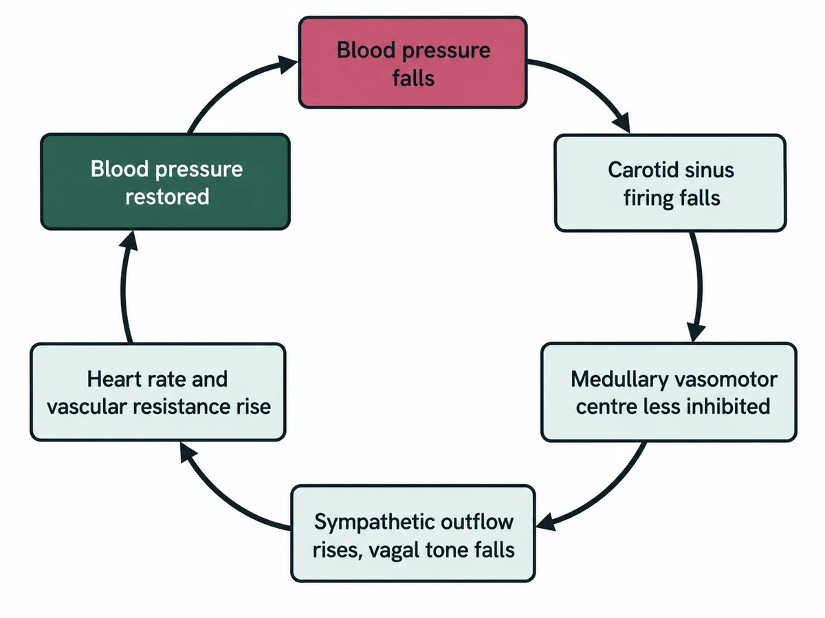 A closed feedback loop: blood pressure falls, carotid sinus firing falls, the medullary vasomotor centre receives less inhibition, sympathetic outflow rises and vagal tone falls, heart rate and vascular resistance rise, and blood pressure is restored, closing the loop