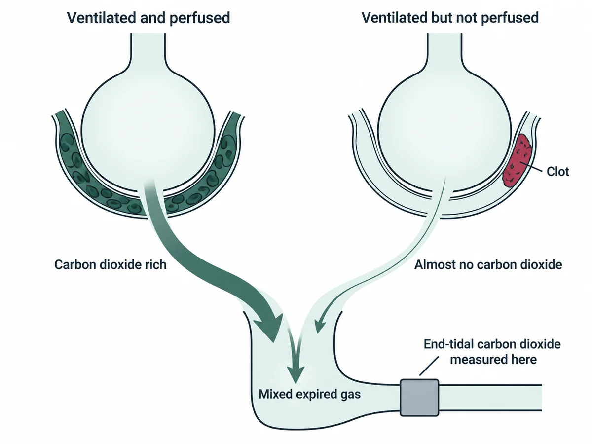 Two alveoli side by side: a normal one that is ventilated and perfused giving gas rich in carbon dioxide, and an embolised one that is ventilated but not perfused giving gas with almost none, with the two streams mixing so the measured end-tidal value is diluted below the arterial value