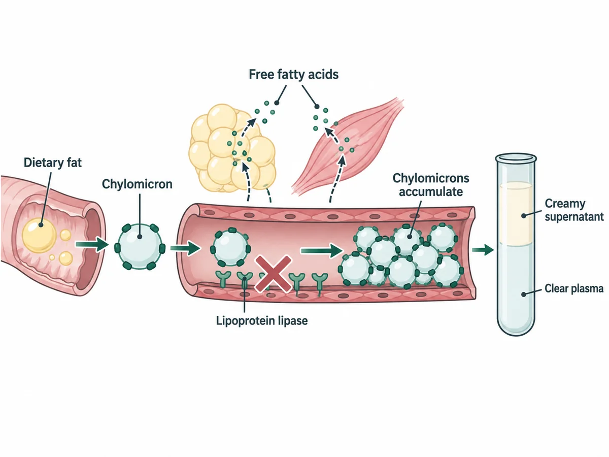 A pathway showing dietary fat forming chylomicrons in the gut, entering the circulation and normally being hydrolysed by lipoprotein lipase on capillary endothelium; the enzyme is crossed out so chylomicrons accumulate, and a test tube alongside shows a thick creamy layer floating on clear plasma