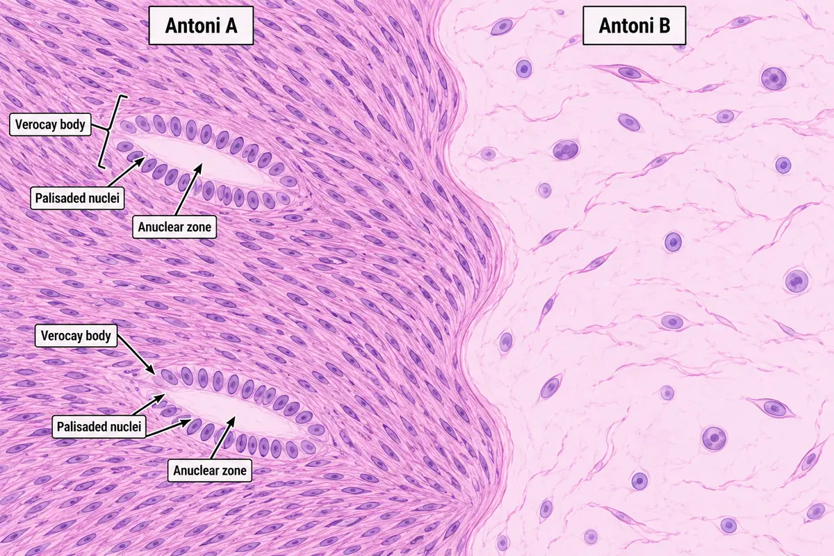 A histological field showing a compact cellular area of spindle cells whose nuclei line up in two parallel rows around a pale anuclear zone, next to a loose, sparsely cellular myxoid area