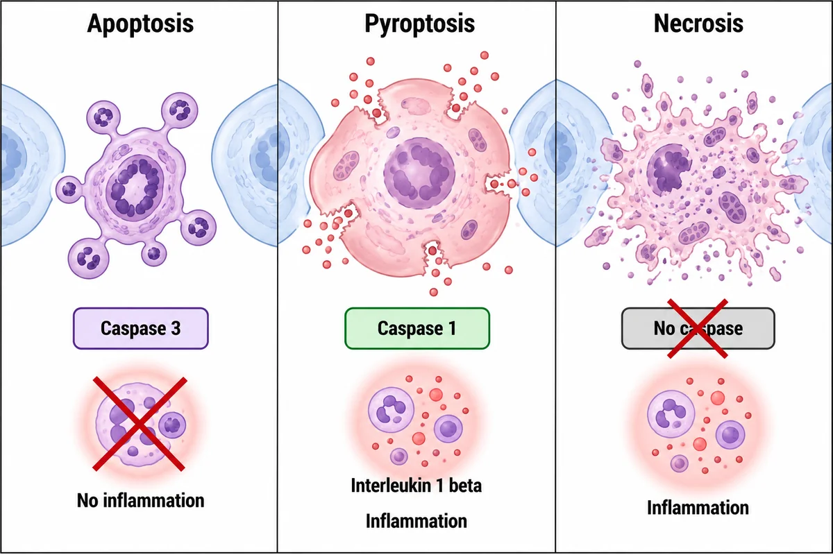 Three columns comparing apoptosis with an intact shrinking cell forming blebs and no inflammation, pyroptosis with a swollen cell whose membrane bursts releasing interleukin one beta and causing inflammation, and necrosis with an uncontrolled burst and no caspase involvement