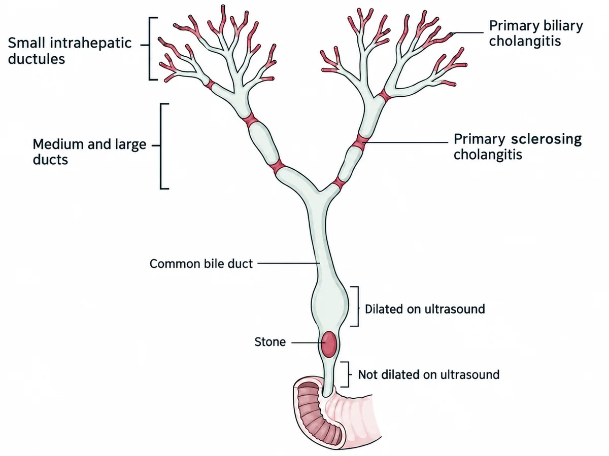 A branching biliary tree from small intrahepatic ductules down to the common bile duct, with primary biliary cholangitis marked at the smallest intrahepatic ducts, primary sclerosing cholangitis marked at the medium and large ducts, and a stone marked in the common bile duct, showing which levels dilate on ultrasound