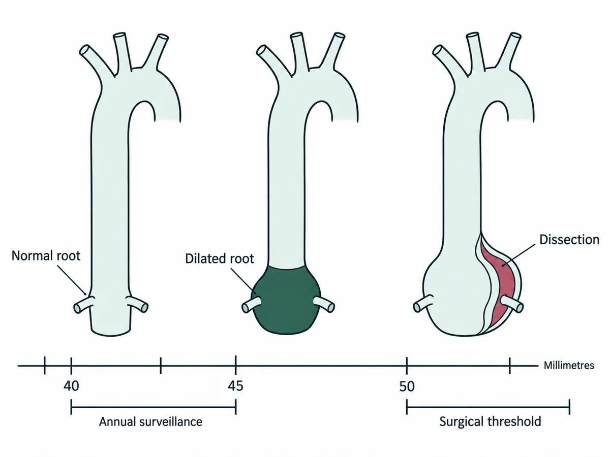 A schematic aorta with the root at the base showing a normal calibre, a dilated root at 42 millimetres under surveillance, and a dissected root above the surgical threshold of 50 millimetres, with a scale marking the three zones
