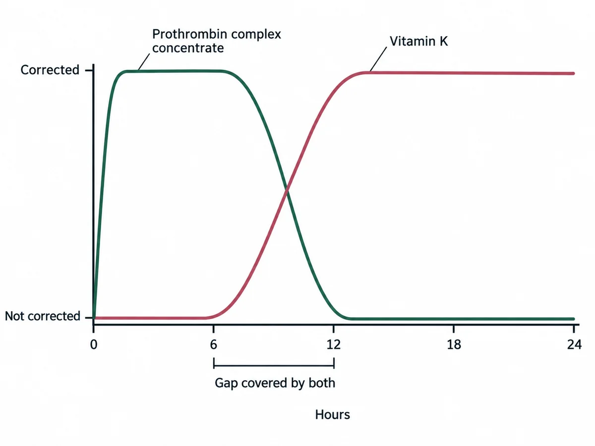 A timeline in hours showing prothrombin complex concentrate correcting the INR within about fifteen minutes but wearing off after several hours, and vitamin K acting only after six to twenty-four hours but sustaining the correction, so the two together cover the whole period