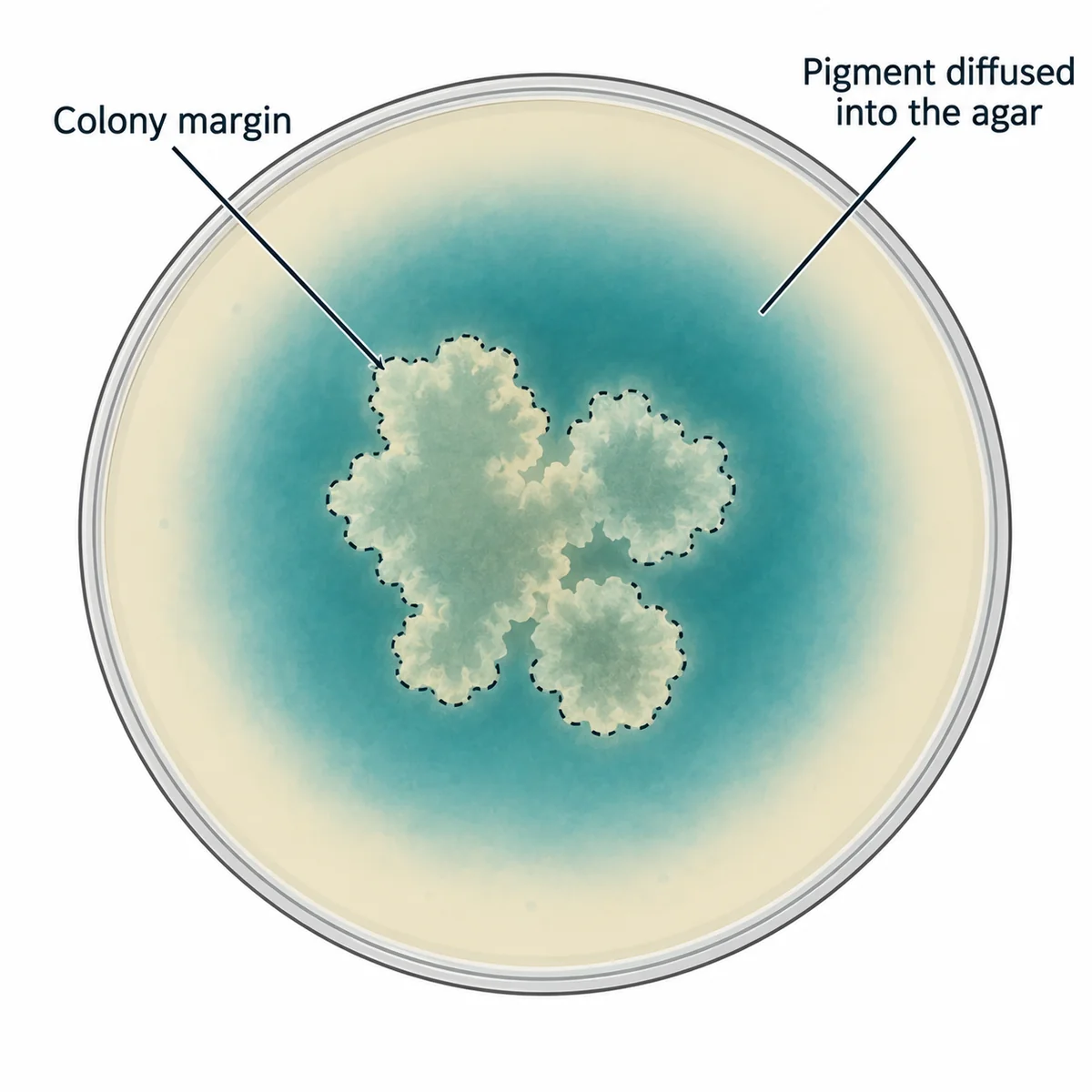 A culture plate showing flat spreading colonies with irregular edges and a blue-green pigment that has diffused outwards into the surrounding agar well beyond the colony margins