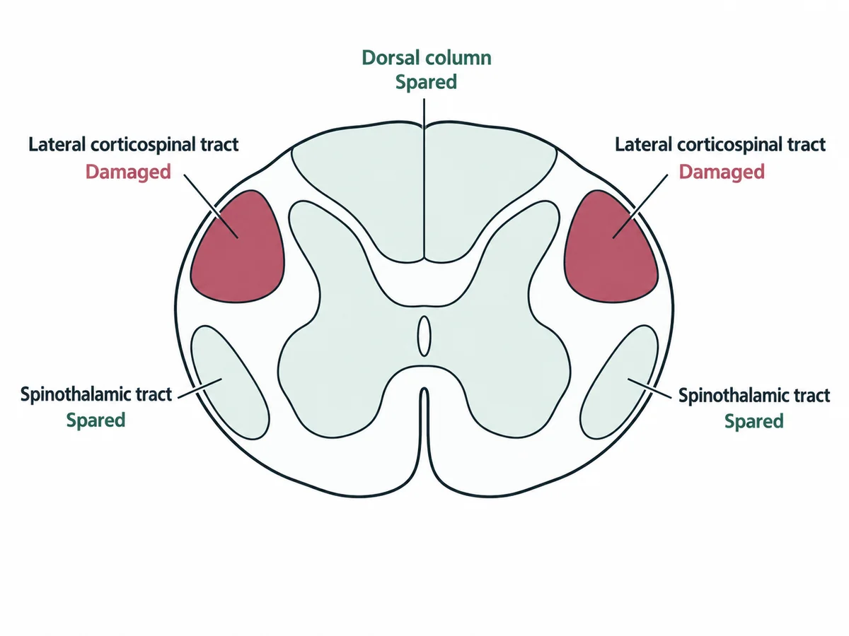 A spinal cord cross-section with the lateral corticospinal tracts shaded as damaged and the dorsal columns and spinothalamic tracts left clear, matching a clinical picture of pure spastic weakness with normal sensation