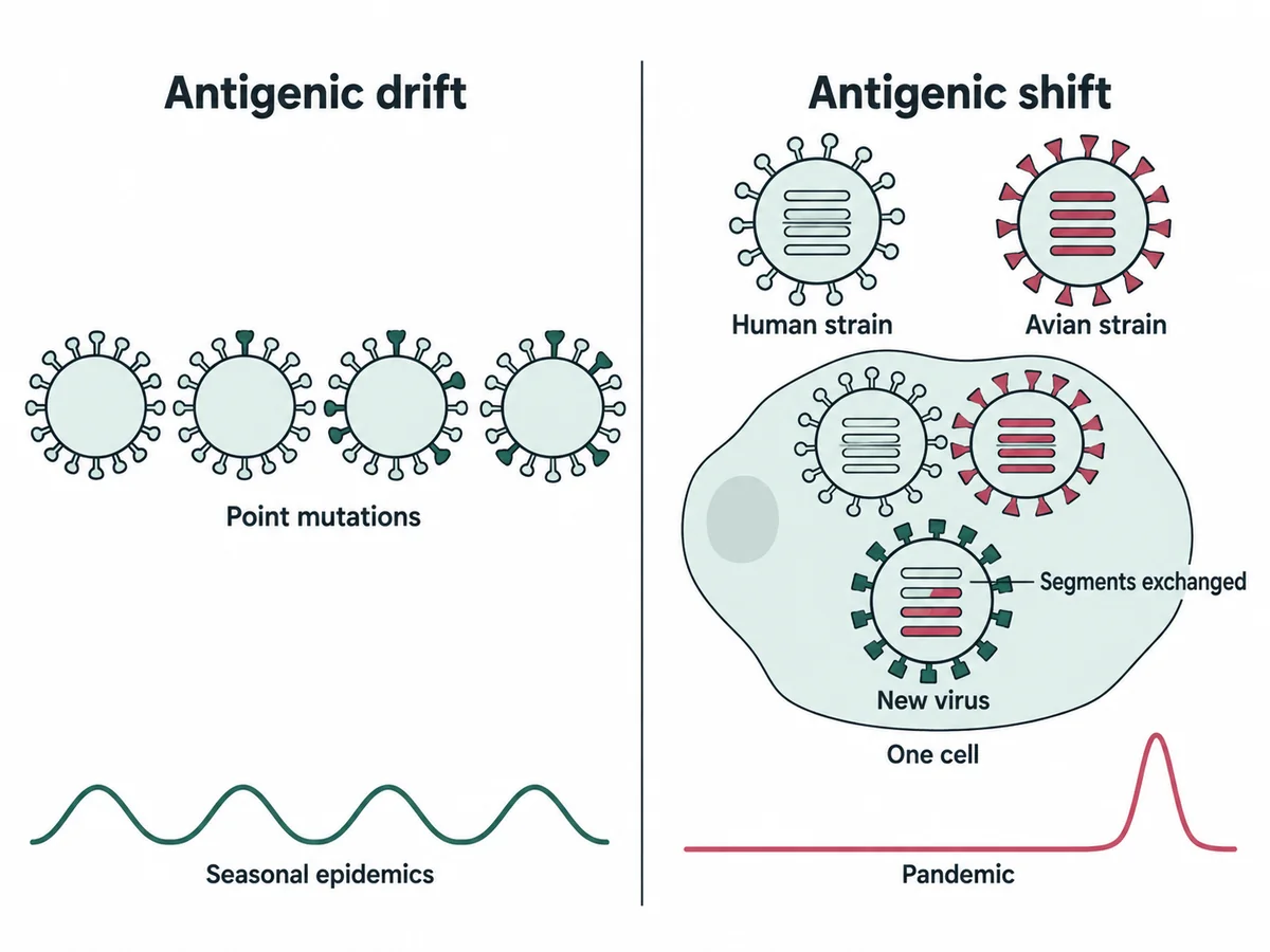 On the left antigenic drift shown as a virus particle whose surface spikes change gradually through small point mutations, causing seasonal epidemics; on the right antigenic shift shown as a human strain and an avian strain infecting one cell and exchanging genome segments to produce a wholly new virus, causing a pandemic