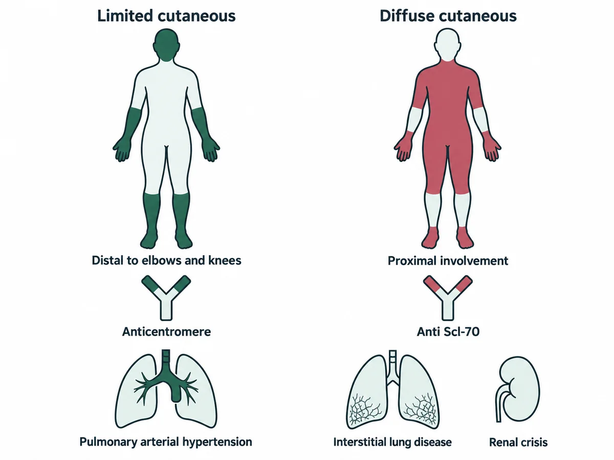 Two columns comparing limited cutaneous systemic sclerosis with skin change distal to elbows and knees, anticentromere antibody and a risk of pulmonary arterial hypertension, against diffuse cutaneous disease with proximal skin involvement, anti Scl-70 antibody and risks of interstitial lung disease and renal crisis