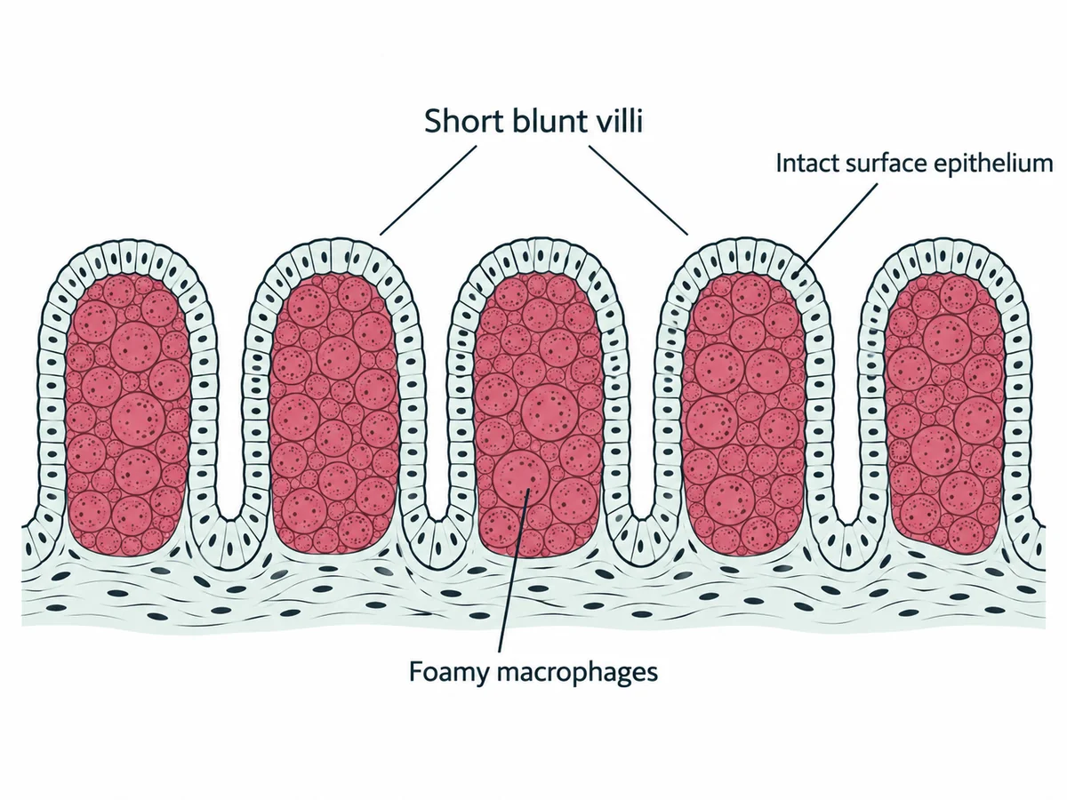 A duodenal biopsy field showing short blunted villi whose cores are filled with large foamy macrophages stained deep magenta, with the surface epithelium intact above them