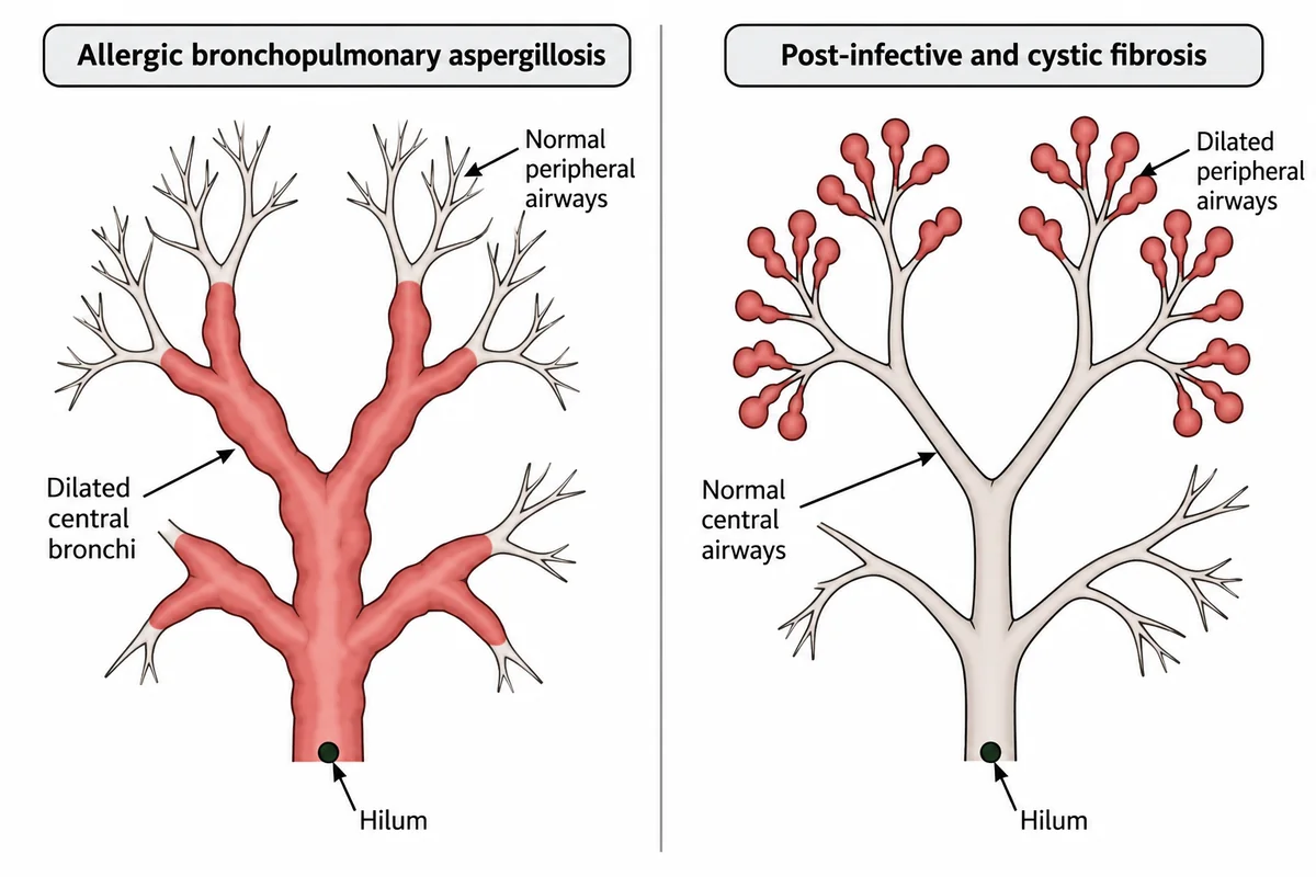 Two bronchial trees: the left shows dilated central bronchi near the hilum with normal tapering peripheral airways, labelled allergic bronchopulmonary aspergillosis; the right shows normal central airways with dilated peripheral ones, labelled post-infective and cystic fibrosis bronchiectasis