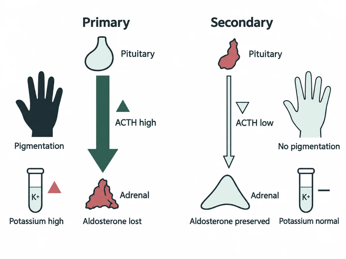 Two axes side by side: in primary adrenal failure the adrenal is damaged, ACTH rises, pigmentation appears and aldosterone is lost giving hyperkalaemia; in secondary failure the pituitary is damaged, ACTH is low, there is no pigmentation and aldosterone is preserved so potassium is normal