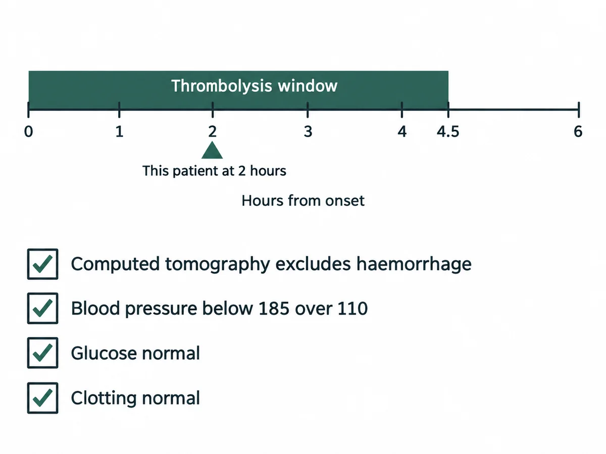A timeline from stroke onset to four and a half hours, shaded as the thrombolysis window, with this patient marked at two hours, and a list of the checks required: computed tomography excluding haemorrhage, blood pressure below 185 over 110, normal glucose and clotting
