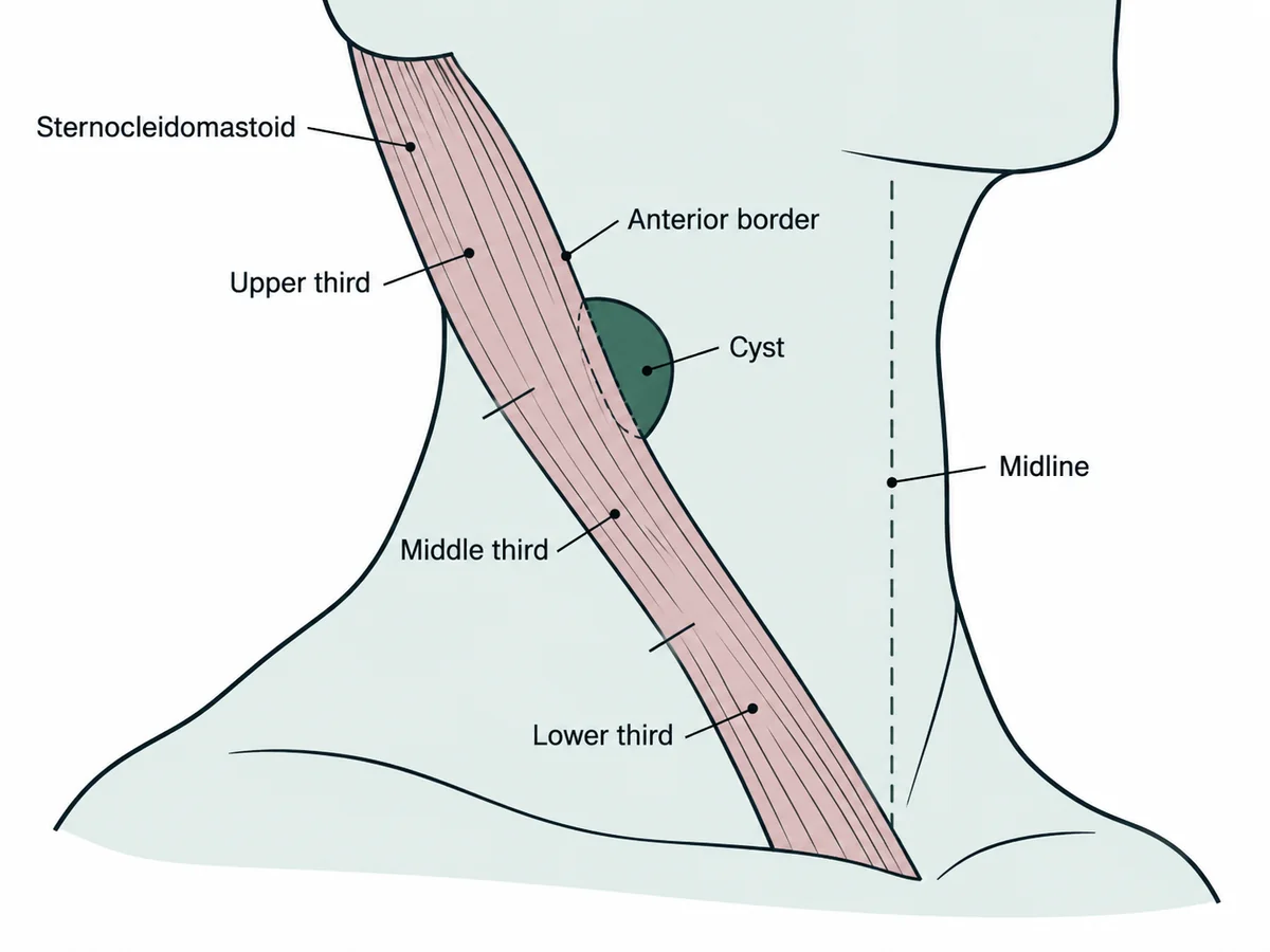 A drawing of the side of the neck with sternocleidomastoid outlined, showing a rounded cystic swelling lying deep to its anterior border at the junction of the upper and middle thirds, well away from the midline