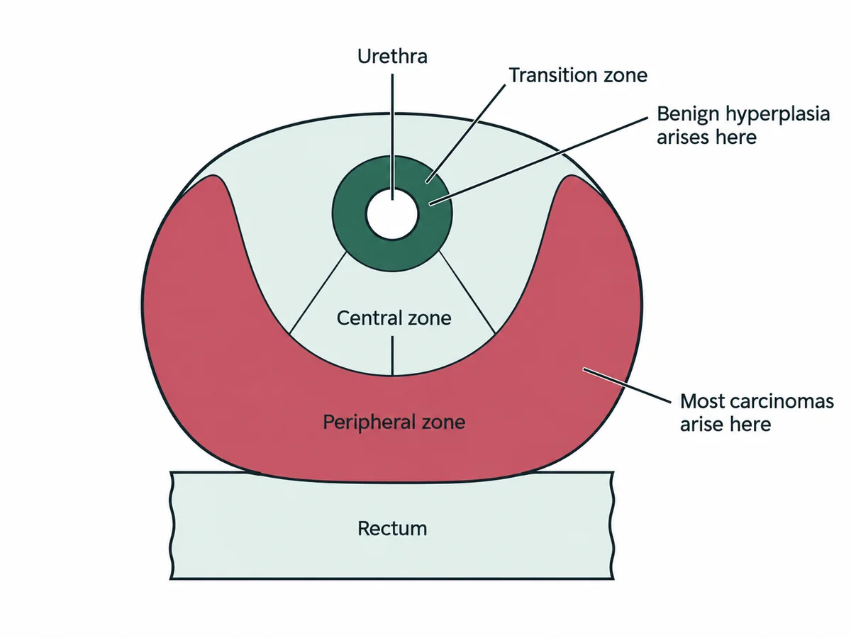 A cross-section of the prostate showing the urethra centrally, the transition zone immediately around it where benign hyperplasia arises and obstructs early, the central zone behind it, and the large peripheral zone lying against the rectum where most carcinomas arise and are palpable