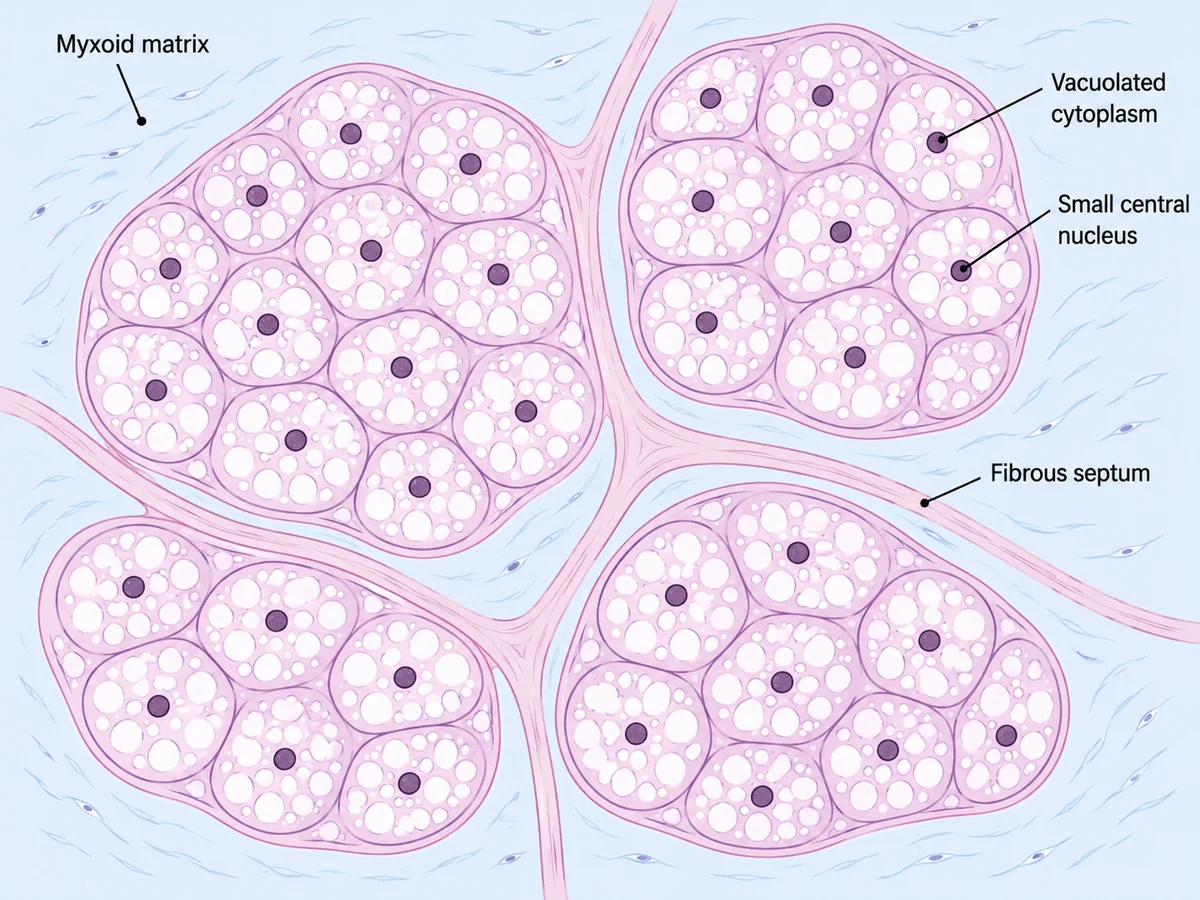 A histological field showing lobules of large cells with abundant clear, bubbly vacuolated cytoplasm and small central nuclei, floating in a pale blue myxoid background and separated by thin fibrous septa