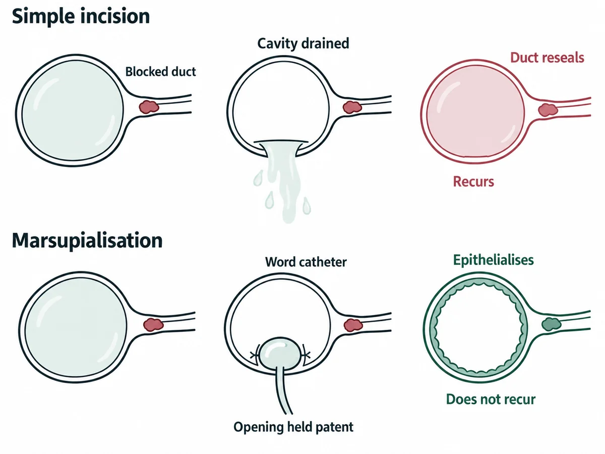 Two approaches to a Bartholin abscess: simple incision empties the cavity but the duct reseals and the abscess recurs, whereas marsupialisation or a Word catheter keeps a new opening patent until it epithelialises so it does not recur