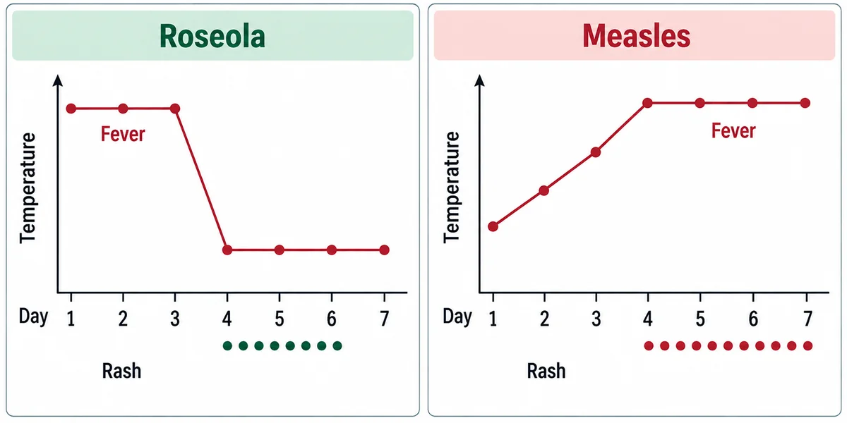 Two fever charts: in roseola the temperature is high for three days then falls abruptly, with the rash beginning only after the fall; in measles the temperature climbs and the rash appears at the peak of the fever, with the fever continuing afterwards
