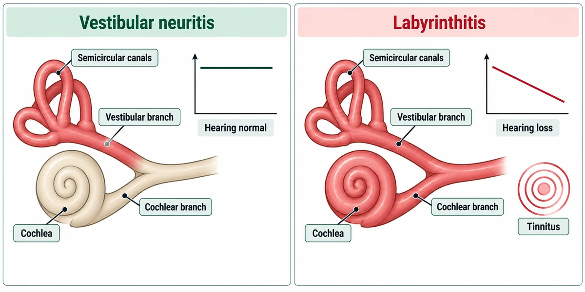 The inner ear shown with a vestibular branch and a cochlear branch: inflammation of the vestibular branch alone is vestibular neuritis with normal hearing, while inflammation involving the cochlea as well is labyrinthitis with hearing loss and tinnitus