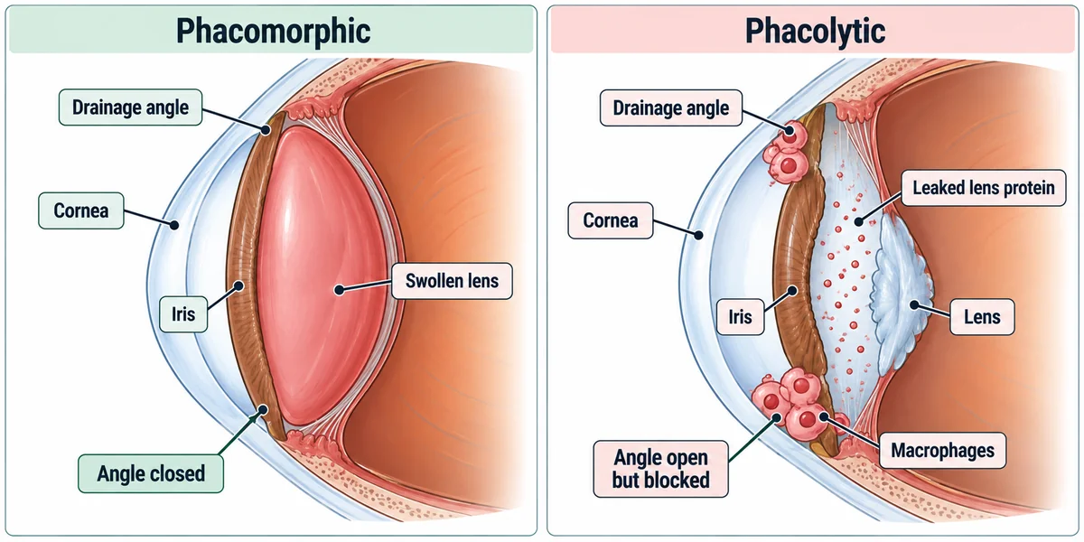 Two eye cross-sections: on the left an intumescent swollen lens pushing the iris forward and closing a shallow angle, labelled phacomorphic; on the right a hypermature lens leaking protein which is engulfed by macrophages that block an open trabecular meshwork, labelled phacolytic