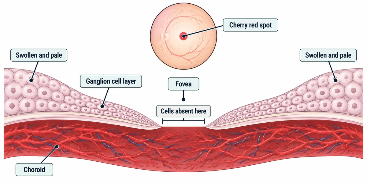 A cross-section of the macula showing thick layers of swollen pale ganglion cells over the choroid at the periphery, and the central fovea where those cells are absent so the red choroid shows through as a cherry red spot