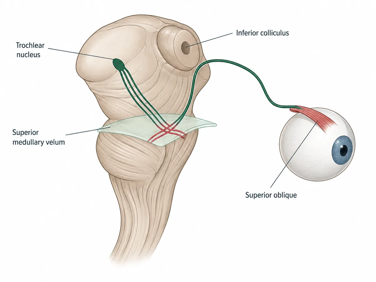 A side view of the brainstem showing the trochlear nucleus in the midbrain, fibres running backwards and crossing in the superior medullary velum, and the nerve emerging dorsally below the inferior colliculus to curve round to the opposite superior oblique