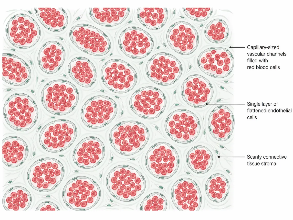 A histology field showing numerous closely packed capillary-sized vascular channels filled with red blood cells, each lined by a single layer of flattened bland endothelial cells, separated by scanty connective tissue stroma