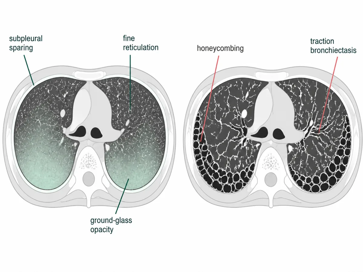 Two side-by-side axial lung windows: one labelled non-specific interstitial pneumonia showing symmetrical basal ground-glass opacity with fine reticulation and subpleural sparing, the other labelled usual interstitial pneumonia showing coarse subpleural honeycombing with traction bronchiectasis
