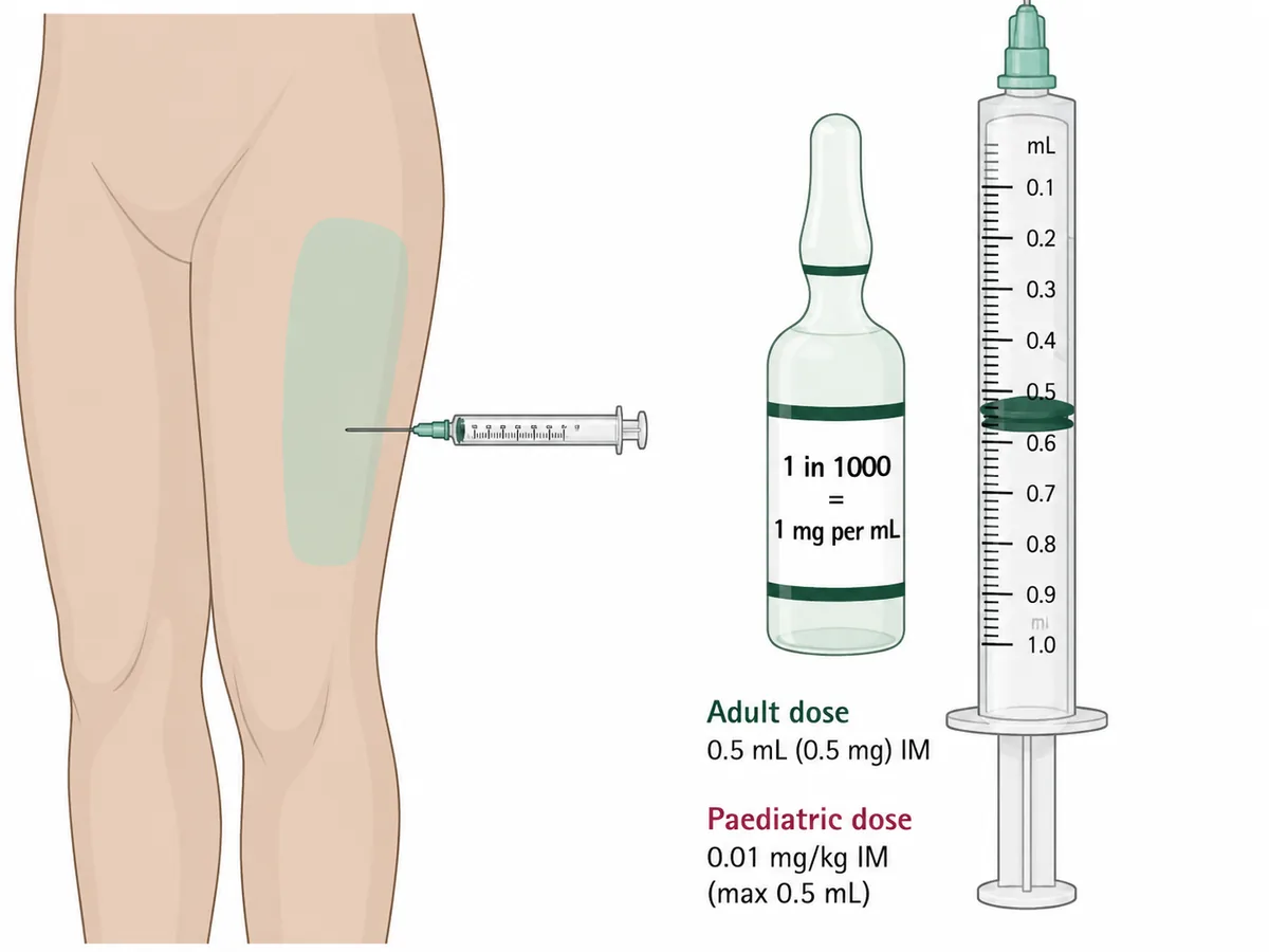 A diagram of a thigh with the anterolateral aspect shaded as the injection site and a needle at ninety degrees, beside an ampoule labelled 1 in 1000 equals 1 mg per mL and a syringe drawn to the 0.5 mL mark, with adult and paediatric doses listed