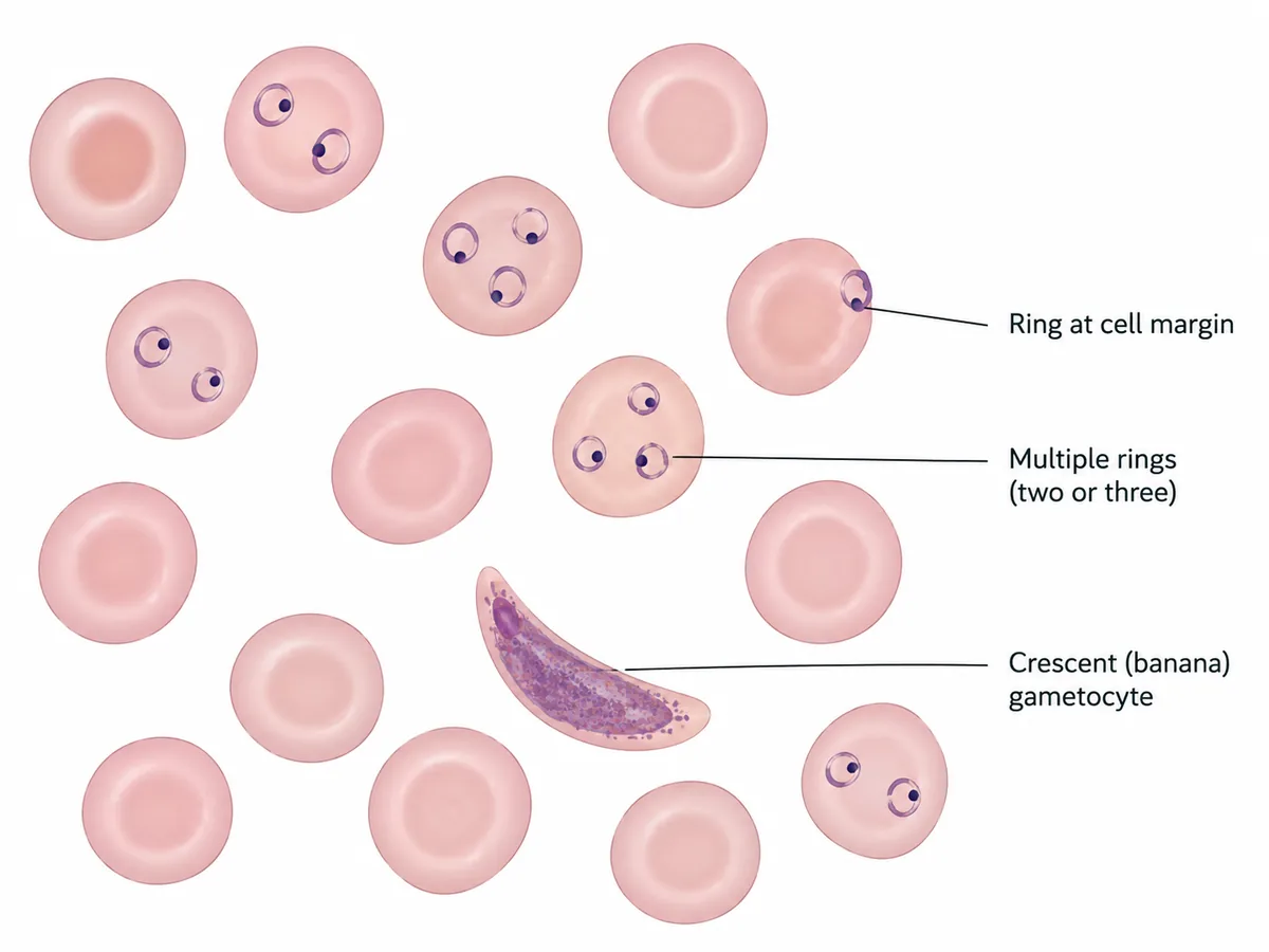 A Giemsa-stained thin blood film field showing several normal-sized red cells each containing two or three fine ring forms, one ring sitting at the very edge of a cell, and one elongated crescent-shaped gametocyte, with labels for each feature